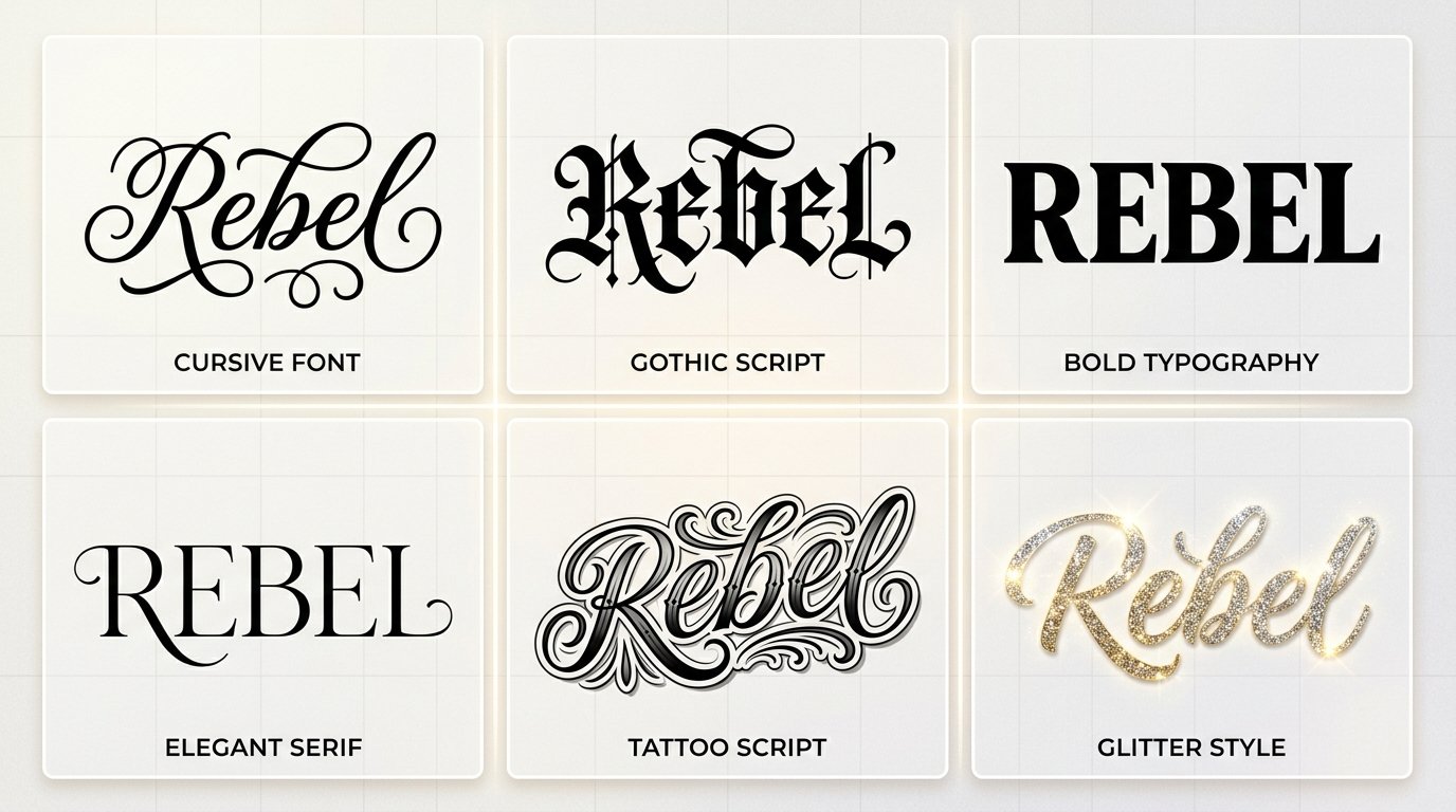 A grid showing one word styled in six different fancy fonts