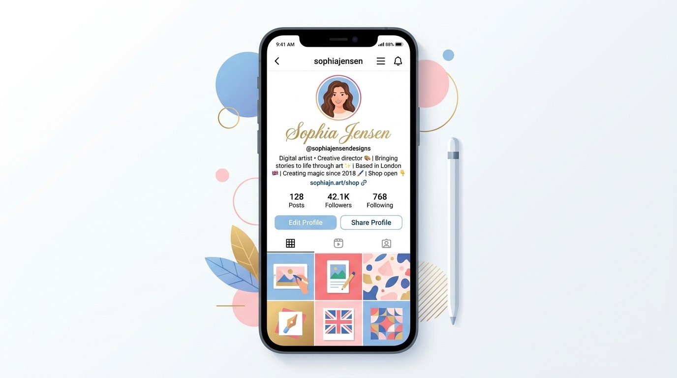 A phone screen showing an Instagram bio with a stylized cursive fancy text name