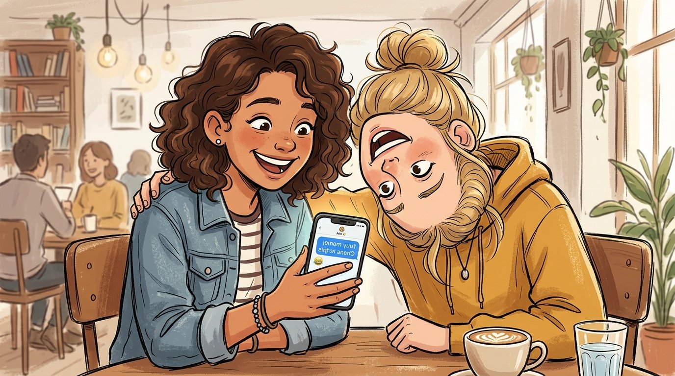 Two friends looking at a phone, tilting head to read flipped message