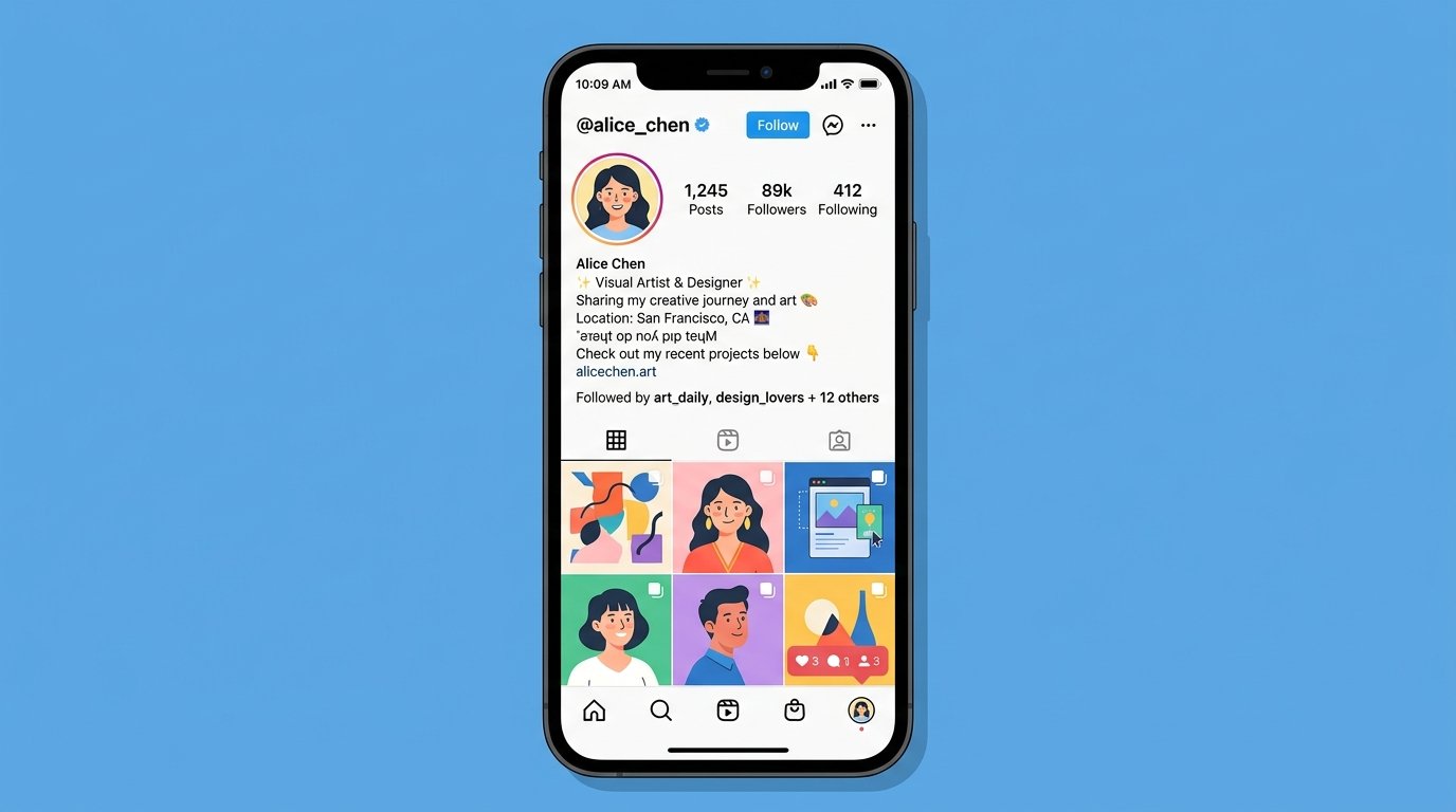 A smartphone screen showing an Instagram bio with a single line of upside-down text